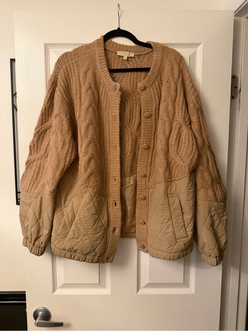 Farmers Market Cable Knit Quilted Mixed Media Jacket Tan Large